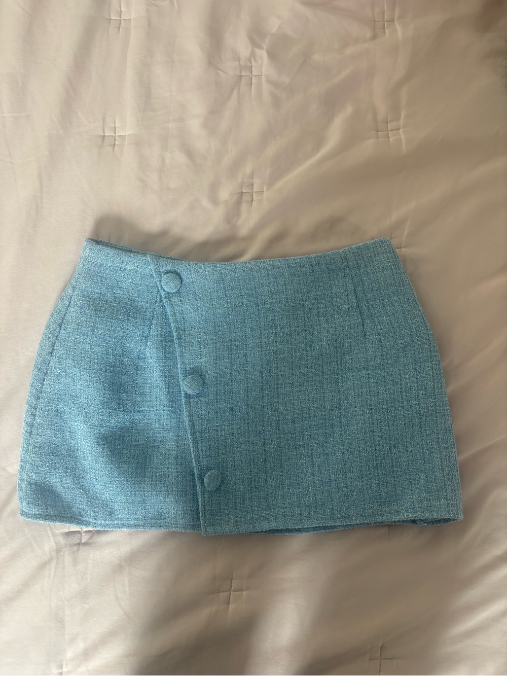 Textured Sky Blue Button-Front Mini Skirt